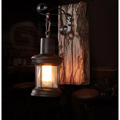 Vintage Lantern - Επιτοίχιο Μονόφωτο E27 Classic Ξύλο - Μέταλλο Καφέ - Μαύρο Φανάρι - Μ15 x Π20 x Υ30cm