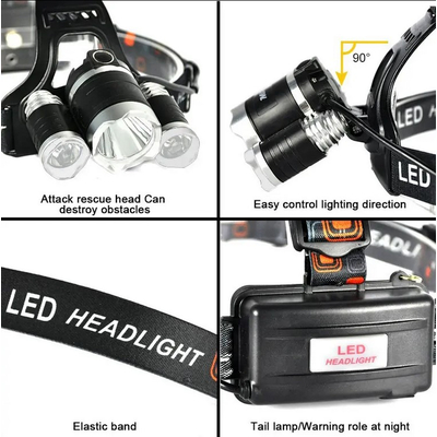 Explorer Beam - Φακός Κεφαλής Τρίφωτος LED Επαναφορτιζόμενος Μαύρος Πλαστικό - Μεταλλικό Ρυθμιζόμενος με 2 x 18650 Μπαταρίες - Ψυχρό Λευκό 6000K