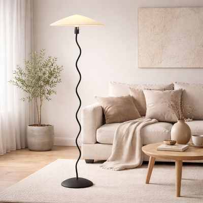 VenCore Curion Black 6091-20009 - Μοντέρνο Επιδαπέδιο Φωτιστικό Μονόφωτο Μαύρο Αλουμίνιο και Μπέζ Καπέλο με Βάση-Ντουί 1xE27 - Φ40 x Υ155cm