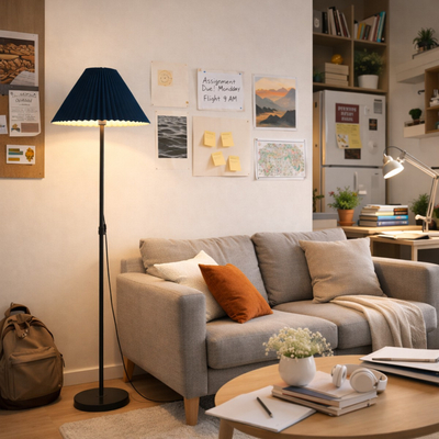 VenCore Velune Silver 6091-20013 - Μοντέρνο Επιδαπέδιο Φωτιστικό Μονόφωτο Ασημί Αλουμίνιο και Μπέζ Καπέλο με Βάση-Ντουί 1xE27 - Φ35 x Υ150cm