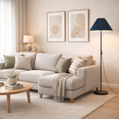 VenCore Velune Gold 6091-20014 - Μοντέρνο Επιδαπέδιο Φωτιστικό Μονόφωτο Χρυσό Αλουμίνιο και Μπέζ Καπέλο με Βάση-Ντουί 1xE27 - Φ35 x Υ150cm
