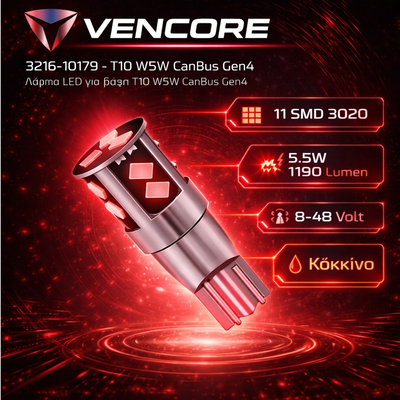 VenCore 3216-10179 - T10 W5W CanBus Gen4 - Λάμπα LED για Βάση T10 W5W CanBus Gen4 11 SMD 3020 5.5W 1190 Lumen 8-48 Volt Κόκκινο