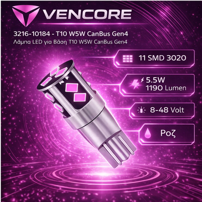 VenCore 3216-10184 - T10 W5W CanBus Gen4 - Λάμπα LED για Βάση T10 W5W CanBus Gen4 11 SMD 3020 5.5W 1190 Lumen 8-48 Volt Ροζ