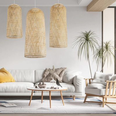 Bamboo Tower - Κρεμαστό Μονόφωτο E27 Boho Μπαμπού Φυσικό Πλέγμα - Μ25 x Π25 x Υ50cm