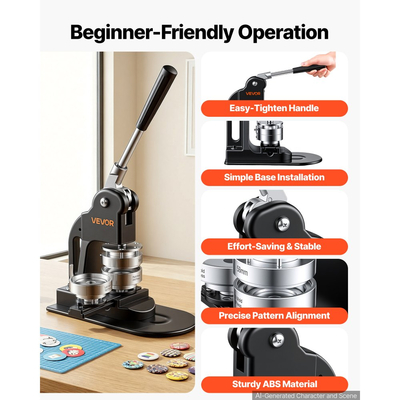 Μηχανή κατασκευής κουμπιών VEVOR 2,25"/58mm για καρφίτσες 500 τεμάχια, μαύρα μέρη κουμπιών, με κυλινδρικό κόφτη, μαγικό βιβλίο και εξαγωνικά κλειδιά, εργονομική λαβή, για DIY κονκάρδες, καρφίτσες, μαγνήτες ψυγείου και μπρελόκ