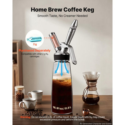 Καφετιέρα VEVOR Nitro Cold Brew Σύστημα Διανομέα Αζώτου 0,5L, Βαρέλι Καφέ για Οικιακή Παρασκευή, Φορητός Εγχυτήρας Αζώτου με Διανομέα και Βαλβίδα Εκτόνωσης Πίεσης, Δώρο για τους Λάτρεις του Καφέ