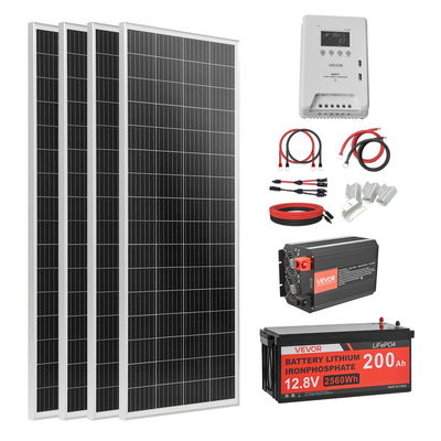 Πλήρες κιτ ηλιακής ενέργειας VEVOR 400W 12V, 4 μονοκρυσταλλικά ηλιακά πάνελ 100W + μπαταρία LiFePO₄ 12,8V 200Ah + ρυθμιστής φόρτισης MPPT 40A + μετατροπέας ισχύος 2000W για τροχόσπιτα, κάμπινγκ, σκάφη εκτός δικτύου