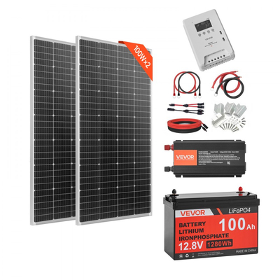 Πλήρες κιτ ηλιακής ενέργειας VEVOR 400W 12V, 2 τεμάχια μονοκρυσταλλικά ηλιακά πάνελ 200W + μπαταρία LiFePO₄ 12,8V 100Ah + ρυθμιστής φόρτισης MPPT 40A + μετατροπέας ισχύος 1000W για τροχόσπιτα, κάμπινγκ, σκάφη εκτός δικτύου