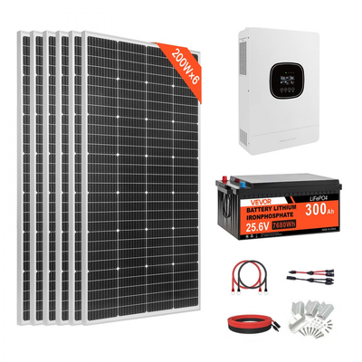 Πλήρες κιτ ηλιακής ενέργειας VEVOR 1200W 24V, 6 τεμάχια μονοκρυσταλλικά ηλιακά πάνελ 200W + μπαταρία LiFePO₄ 25,6V 300Ah + υβριδικός μετατροπέας 24V 3600W, κιτ ηλιακής ενέργειας υψηλής απόδοσης αυτόνομου δικτύου για μεγάλο σπίτι/υπόστεγο
