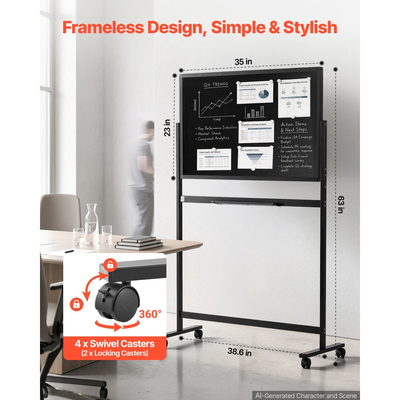 Μαγνητικός πίνακας VEVOR Glass Dry Erase 888x583mm με βάση, μαύρο, χωρίς πλαίσιο, κινητός με βάση και ρόδες, περιλαμβάνει μαρκαδόρους, μαγνήτες και γόμα, για γραφείο, σχολική τάξη και σπίτι