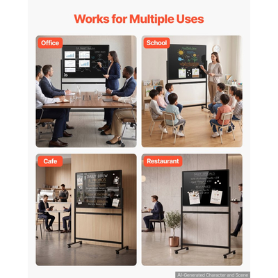 Μαγνητικός πίνακας VEVOR Glass Dry Erase 888x583mm με βάση, μαύρο, χωρίς πλαίσιο, κινητός με βάση και ρόδες, περιλαμβάνει μαρκαδόρους, μαγνήτες και γόμα, για γραφείο, σχολική τάξη και σπίτι