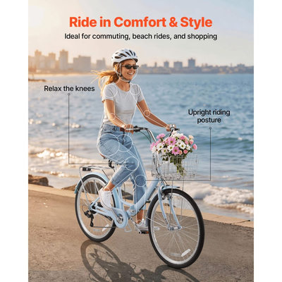 Γυναικείο Ποδήλατο VEVOR, Πτυσσόμενο Ποδήλατο Beach Cruiser 66cm, Ποδήλατο Πόλης Ενηλίκων 7 Ταχυτήτων με Ατσάλινο Σκελετό, Χωρητικότητα 150kg, Καλάθι, Πίσω Σχάρα & Διπλά Φρένα V, Ανοιχτό Μπλε