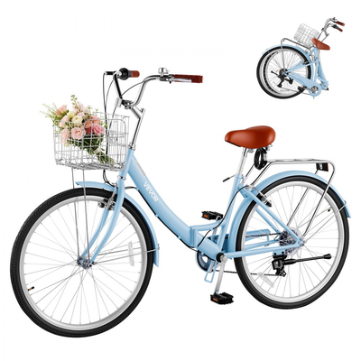 Γυναικείο Ποδήλατο VEVOR, Πτυσσόμενο Ποδήλατο Beach Cruiser 66cm, Ποδήλατο Πόλης Ενηλίκων 7 Ταχυτήτων με Ατσάλινο Σκελετό, Χωρητικότητα 150kg, Καλάθι, Πίσω Σχάρα & Διπλά Φρένα V, Ανοιχτό Μπλε