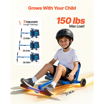 VEVOR Ride on Scooter 68 kg Swing Side-to-Side για εκπληκτική οδήγηση Μπλε, για ηλικίες 4+, Powered by Zig-Zag Motion, Ride on παιχνίδι με 3 ρυθμιζόμενα μήκη, Μοχλός φρένου, Σκληρή επιφάνεια για εσωτερικούς και εξωτερικούς χώρους