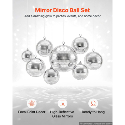 VEVOR Μπάλα Ντίσκο με Καθρέφτη 100/150/200/300 mm, 8 τεμάχια, με Κρεμαστό Δακτύλιο, για Διακόσμηση Σπιτιού, Σκηνής, DJ, Dance Club, 2 Μεγέθη Πλακιδίων Καθρέφτη, Ανακλαστικό Φως, Διακόσμηση Μουσικής Γάμου, Ασημί