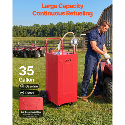 VEVOR 132,5L Fuel Gas Caddy, από ανθρακούχο χάλυβα, φορητή δεξαμενή αποθήκευσης μεταφοράς καυσίμου με χειροκίνητη αντλία και 4 τροχούς, δοχείο βενζίνης ντίζελ, για αυτοκίνητα, χλοοκοπτικά, ATV, σκάφη, μοτοσικλέτες, κόκκινο