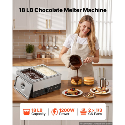 Μηχανή τήξης σοκολάτας VEVOR, 2 δεξαμενές, επαγγελματική μηχανή τήξης σοκολάτας 8,2 kg, υψηλή ισχύς 1200W, σύστημα θέρμανσης με νερό, σώμα από ανοξείδωτο ατσάλι, εύρος θερμοκρασίας 30℃ έως 85℃, θερμαντήρας σοκολάτας για τυρί γάλακτος