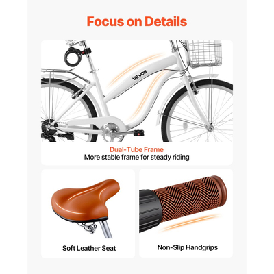 Γυναικείο Ποδήλατο VEVOR, Ποδήλατο Beach Cruiser 66cm, Ποδήλατο πόλης ενηλίκων 7 ταχυτήτων με σκελετό από ανθρακονήματα, χωρητικότητα 150kg, καλάθι, πίσω σχάρα και διπλά φρένα V, λευκό