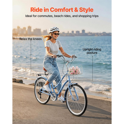 Γυναικείο Ποδήλατο VEVOR, Ποδήλατο Beach Cruiser 66cm, Ποδήλατο πόλης ενηλίκων 7 ταχυτήτων με πλαίσιο από κράμα αλουμινίου, χωρητικότητα 150kg, καλάθι, πίσω σχάρα και διπλά φρένα V, ανοιχτό μπλε