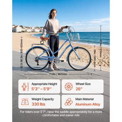 Γυναικείο Ποδήλατο VEVOR, Ποδήλατο Beach Cruiser 66cm, Ποδήλατο πόλης ενηλίκων 7 ταχυτήτων με πλαίσιο από κράμα αλουμινίου, χωρητικότητα 150kg, καλάθι, πίσω σχάρα και διπλά φρένα V, ανοιχτό μπλε