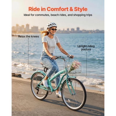 Γυναικείο Ποδήλατο VEVOR, Ποδήλατο Beach Cruiser 66cm, Ποδήλατο πόλης ενηλίκων 7 ταχυτήτων με σκελετό από ανθρακονήματα, χωρητικότητα 150kg, καλάθι, πίσω σχάρα και διπλά φρένα V, ανοιχτό πράσινο