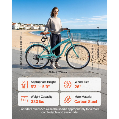 Γυναικείο Ποδήλατο VEVOR, Ποδήλατο Beach Cruiser 66cm, Ποδήλατο πόλης ενηλίκων 7 ταχυτήτων με σκελετό από ανθρακονήματα, χωρητικότητα 150kg, καλάθι, πίσω σχάρα και διπλά φρένα V, ανοιχτό πράσινο