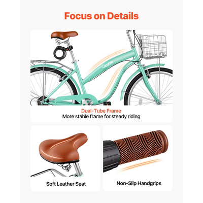 Γυναικείο Ποδήλατο VEVOR, Ποδήλατο Beach Cruiser 66cm, Ποδήλατο πόλης ενηλίκων 7 ταχυτήτων με σκελετό από ανθρακονήματα, χωρητικότητα 150kg, καλάθι, πίσω σχάρα και διπλά φρένα V, ανοιχτό πράσινο