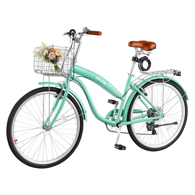 Γυναικείο Ποδήλατο VEVOR, Ποδήλατο Beach Cruiser 66cm, Ποδήλατο πόλης ενηλίκων 7 ταχυτήτων με σκελετό από ανθρακονήματα, χωρητικότητα 150kg, καλάθι, πίσω σχάρα και διπλά φρένα V, ανοιχτό πράσινο
