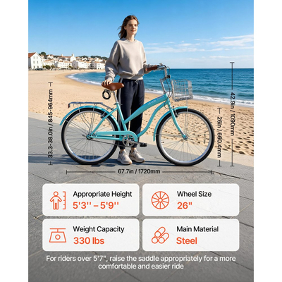 Γυναικείο Ποδήλατο VEVOR, Ποδήλατο Beach Cruiser 66cm, Ποδήλατο πόλης ενηλίκων μονής ταχύτητας με ατσάλινο σκελετό, χωρητικότητα 150kg, καλάθι, πίσω σχάρα και διπλά φρένα V, ανοιχτό πράσινο