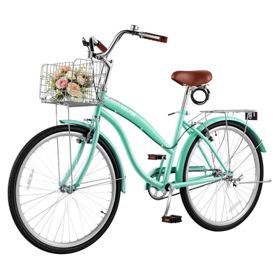 Γυναικείο Ποδήλατο VEVOR, Ποδήλατο Beach Cruiser 66cm, Ποδήλατο πόλης ενηλίκων μονής ταχύτητας με ατσάλινο σκελετό, χωρητικότητα 150kg, καλάθι, πίσω σχάρα και διπλά φρένα V, ανοιχτό πράσινο