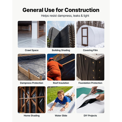 Πλαστικό φύλλο VEVOR 0,3 mm 3,05 x 15,24 m βαρέως τύπου ρολό πολυαιθυλενίου, μουσαμάς βαφής με χοντρό ύφασμα, κάλυμμα πολυαιθυλενίου για χώρο ανίχνευσης, φράγμα υδρατμών, έλεγχος ζιζανίων, κήπος, ασπρόμαυρο