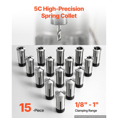 Σετ κόλετ VEVOR 5C Σετ τσοκ ακριβείας 1/8"-1" 15 τεμαχίων στρογγυλών κόλετ 5C, για φρέζες, πρέσες τρυπανιών, εργαλείο τσοκ τόρνου υψηλής συγκέντρωσης TIR 0,0008" με θήκη αποθήκευσης, σκληρυμένο και τροχισμένο