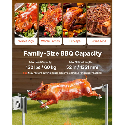 Ηλεκτρικό κιτ σούβλας VEVOR Rotisserie Grill 8 επιπέδων ύψους, ψησταριές BBQ, κιτ σούβλας με χωρητικότητα 60 kg, μοτέρ 38W, κιτ αυτόματου ψησίματος από ανοξείδωτο ατσάλι για πάρτι