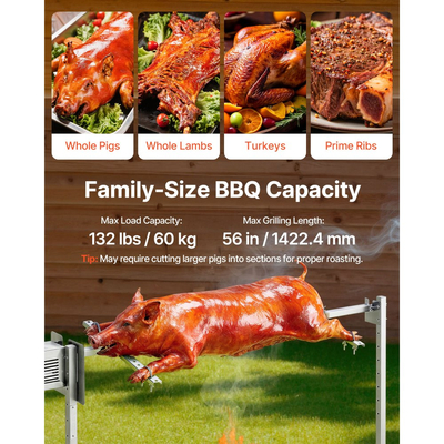 Ηλεκτρικό κιτ σούβλας VEVOR Rotisserie Grill 8 επιπέδων ύψους, ψησταριές BBQ, κιτ σούβλας με χωρητικότητα 60 kg, μοτέρ 38W, κιτ αυτόματου ψησίματος από ανοξείδωτο ατσάλι για πάρτι