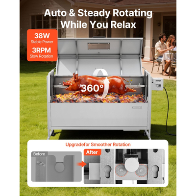 VEVOR Σούβλα 38W BBQ Εξωτερική Σούβλα Χοιρινού & Αρνιού, Σούβλα Κάρβουνου με Χωρητικότητα 60 kg, Ρόδες & Ύψος 4 Επιπέδων, Κιτ Ηλεκτρικής Σούβλας από Ανοξείδωτο Ατσάλι για Κάμπινγκ Εξωτερικού Χώρου