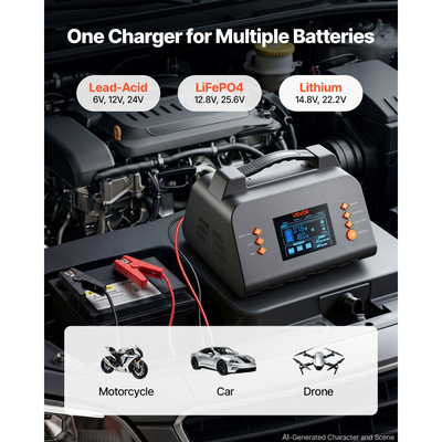 Έξυπνος φορτιστής μπαταρίας VEVOR 25A 6V 12V 24V για λιθίου LiFePO4 μολύβδου-οξέος, συμβατός με αυτοκίνητα, μοτοσικλέτες, μεσαίου μεγέθους τροχόσπιτα, συντηρητής φόρτισης με θείο, φορτιστής με οθόνη LCD 3,8 ιντσών