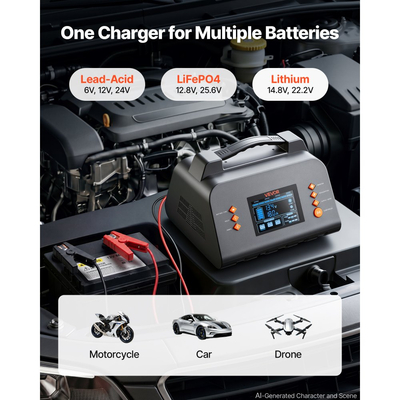 Έξυπνος φορτιστής μπαταρίας VEVOR 20A 6V 12V 24V για λιθίου LiFePO4 μολύβδου-οξέος, συμβατός με αυτοκίνητο, χλοοκοπτικό ATV, συμπαγές RV, συντηρητής φόρτισης με σταγόνα, αποθειωτής, φορτιστής με οθόνη LCD 3,8 ιντσών