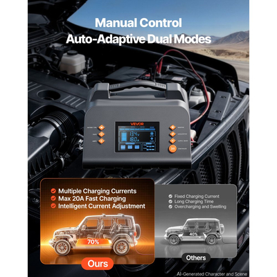 Έξυπνος φορτιστής μπαταρίας VEVOR 20A 6V 12V 24V για λιθίου LiFePO4 μολύβδου-οξέος, συμβατός με αυτοκίνητο, χλοοκοπτικό ATV, συμπαγές RV, συντηρητής φόρτισης με σταγόνα, αποθειωτής, φορτιστής με οθόνη LCD 3,8 ιντσών