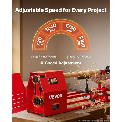 Τόρνος Ξύλου VEVOR 1/2 HP 355 x 1016 mm Επιτραπέζιος Τόρνος Ξύλου 4 Ταχύτητες, 720/1240/1750/2150 RPM, με Στήριγμα Εργαλείου, Κλειδιά, Πρόσοψη, Βαρέως Τύπου, για Αρχάριους Επαγγελματίες Ξυλουργικής, Ξυλοτορνευτές