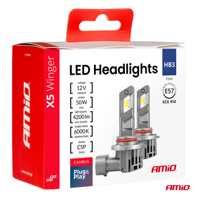 Amio - Λάμπες LED HB3 τύπου Series X5 Winger τάση λειτουργίας 12V απόδοσης 50W Can-bus για Επιβατικά Αυτοκίνητα - 2 τεμ. (03948/AM)