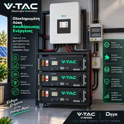 V-TAC Σύστημα Αποθήκευσης Ενέργειας LiFePO4 τύπου rack 5.12KWh 51.2V 100Ah με Οθόνη, BMS 100A, CEI-021 11377