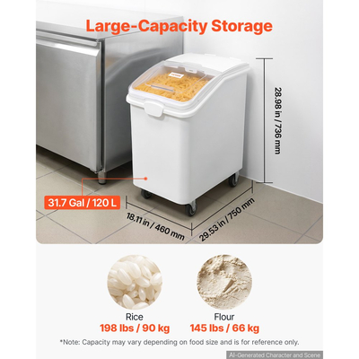 Δοχείο αποθήκευσης ρυζιού VEVOR 120 L/31,7 Gal 90 kg, δοχείο διανομής τροφής για σκύλους, για οργάνωση ντουλαπιού κουζίνας, μεγάλο δοχείο αλευριού για δημητριακά, δοχείο τροφής για κατοικίδια με ρόδες, κουτάλα, συρόμενο καπάκι