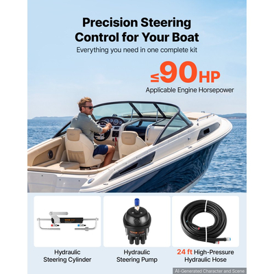 Κιτ υδραυλικού τιμονιού VEVOR 90HP Υδραυλικό σύστημα εξωλέμβιας διεύθυνσης 7,32 m, Σύστημα διεύθυνσης θαλάσσιου σκάφους, Αντλία τιμονιού 2,5 MPa, Κύλινδρος κλειδαριάς δύο κατευθύνσεων, Σωλήνες υψηλής αντοχής 7,32 m, για χρήση με έναν κινητήρα