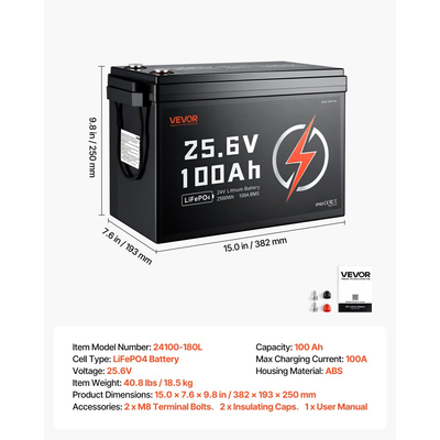 Μπαταρία λιθίου VEVOR 24V 100Ah LiFePO4 4000+ κύκλοι Ενσωματωμένη μπαταρία BMS 100A, μπαταρία λιθίου με προστασία χαμηλής θερμοκρασίας, υποστηρίζει σύνδεση 8P2S, ενέργεια 2560Wh, για τροχόσπιτο, κινητήρα συρτής, θαλάσσιο, ηλιακό