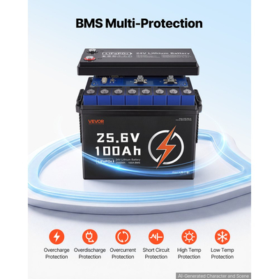 Μπαταρία λιθίου VEVOR 24V 100Ah LiFePO4 4000+ κύκλοι 100A BMS με Bluetooth, μπαταρία λιθίου 2560Wh με προστασία από χαμηλή θερμοκρασία, υποστηρίζει σύνδεση 8P2S, για τροχόσπιτο, κινητήρα συρτής, θαλάσσιο, ηλιακό