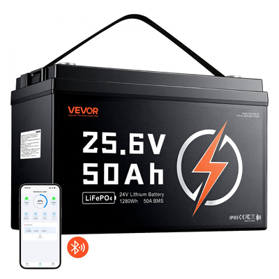 Μπαταρία λιθίου VEVOR 24V 50Ah LiFePO4 4000+ κύκλοι 50A BMS με Bluetooth, μπαταρία λιθίου 1280Wh με προστασία από χαμηλή θερμοκρασία, υποστηρίζει σύνδεση 8P2S, για τροχόσπιτο, κινητήρα συρτής, θαλάσσιο, ηλιακό