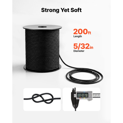Σχοινί Paracord VEVOR 4 mm x 60 m από νάιλον αλεξίπτωτο 550 Tactical, Σχοινί επιβίωσης, βαρέως τύπου 7 κλώνων, υψηλής αντοχής σε σπάσιμο 272 kg, σχοινί πολλαπλών χρήσεων, για υπαίθρια κατασκήνωση και βραχιόλια, μαύρο