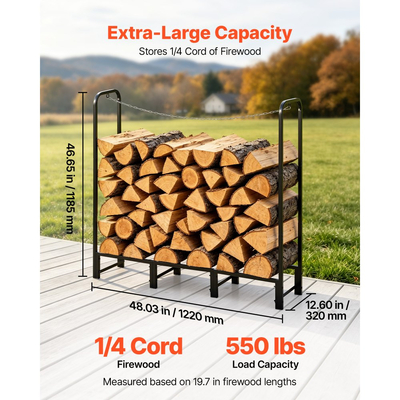 Βάση καυσόξυλων VEVOR 1220 mm 1/4 καλώδιο βαρέως τύπου για εξωτερική αποθήκευση ξύλων, για τζάκι, βεράντα, χωρητικότητα φορτίου 250 kg, βάση στοίβαξης καυσόξυλων με πλαίσιο από ανθρακούχο χάλυβα, μεταλλική οργάνωση ξύλων, μαύρη