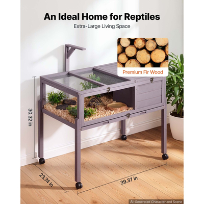 VEVOR Tortoise Habitat Ξύλινο Σπίτι Χελωνονιντζών 2 Δωματίων με Περιστρεφόμενους Ρόδες, για Μικρά Ζώα Εσωτερικού Χώρου & Εξωτερικού Χώρου, Συρόμενος Δίσκος, Βάση Φωτιστικού, Κλωβός Χελωνών, Κλουβί Ερπετών με Ανοιγόμενη Οροφή, Παράθυρο Παρατήρησης