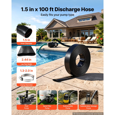 Σωλήνας εκκένωσης VEVOR 1-1/2" x 30,48 m PVC Lay Flat Σωλήνας αντλίας νερού αντίστροφης πλύσης, για αντλία φρεατίου με φίλτρο άμμου πισίνας, Βαρέως τύπου, Αποχέτευση μεταφοράς νερού, Ανθεκτικός σε καιρικές συνθήκες και εκρήξεις, με σφιγκτήρες, Μαύρος